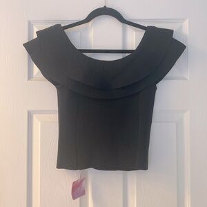 Chic Wish Off-Shoulder Tiered Cropped Knit Top in Black